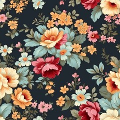 45-inch Vintage Floral Cotton Quilter’s Fabric By the Yard Black Coral Blue 102