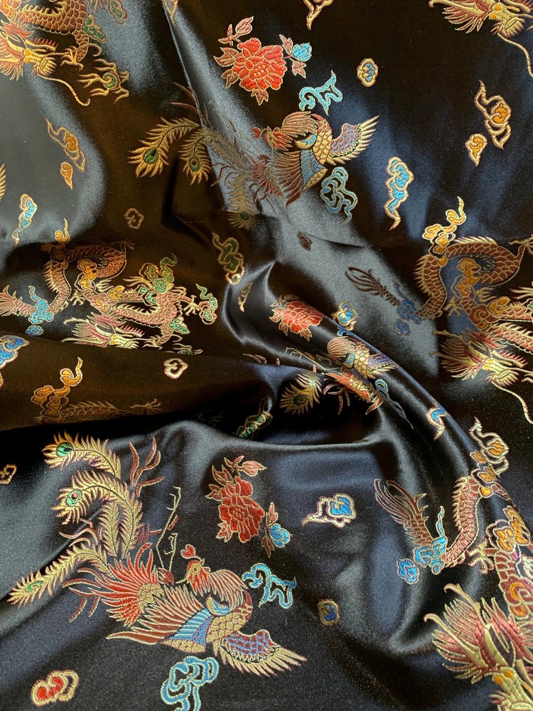 Hope BLACK Dragon Brocade Chinese Satin Fabric by the Yard – 10040