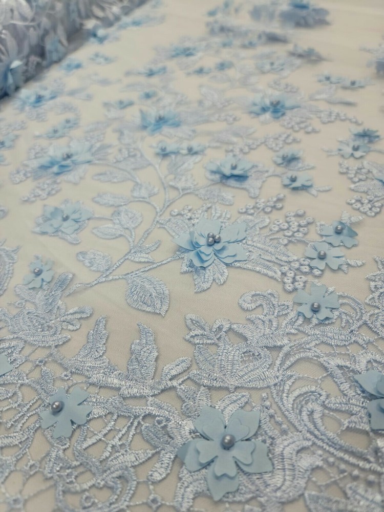 Sky Blue Lace 3d Floral Flowers On Mesh Fabric Sold By The Yard Gown Quinceañera