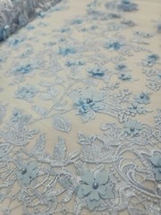 Sky Blue Lace 3d Floral Flowers On Mesh Fabric Sold By The Yard Gown Quinceañera