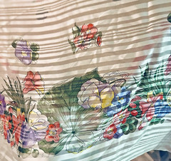 VTG Semi Sheer Large Floral Silk w/Satin Stripe w/ Border Print 45″ X 189″