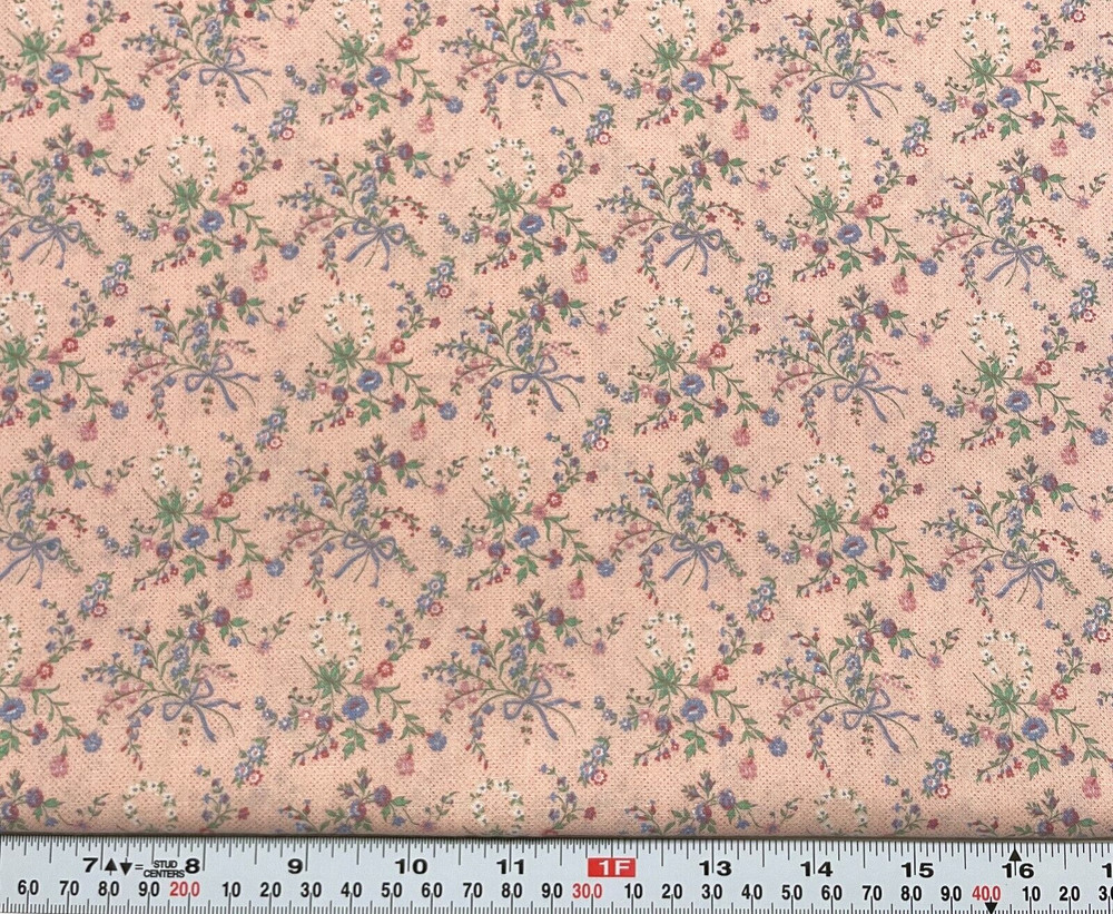 Vintage Joan Kessler Concord Florals & Bows Pink Cotton Fabric Remnant 11″ x 44″