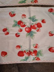 Vintage cotton print fabric strawberries on white curtains 36″x 15″ each