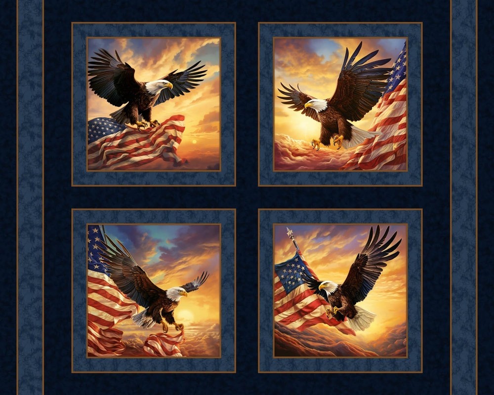 Eagles & USA Flag Fabric Quilt Panel – Soaring Sunrise Pillow Blocks (36″ x 45″)