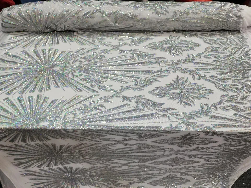 “Silver Iridescent Sequin Stretch Lace Fabric – Sold by the Yard for Prom, Brida