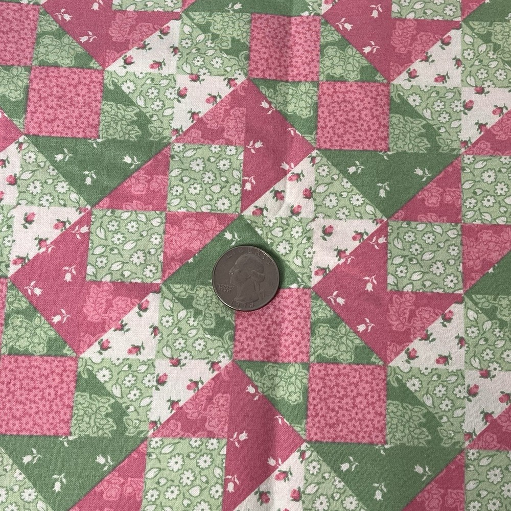 Vintage Oakhurst Textiles Pink Green White Patchwork Cheater Quilt 1 yard x 44″