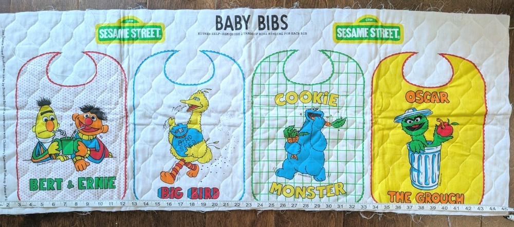 NOS VTG SESAME STREET Cut And Sew Quilted BIBS Panel Oscar Cookie Big Bird Ernie