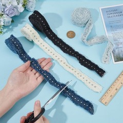 4 Rolls 7.4 Yards Denim Fabric Ribbon Rivets Fringed Frayed Cotton Jean Craft