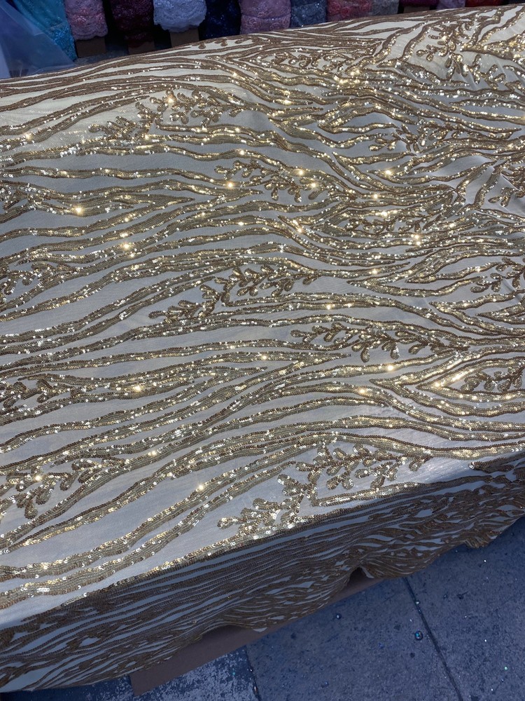 Gold Sequin Vine Mesh Fabric | All-Over Sequin Embroidered Net For Dress