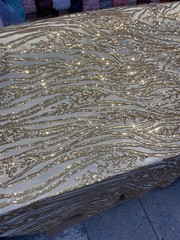 Gold Sequin Vine Mesh Fabric | All-Over Sequin Embroidered Net For Dress
