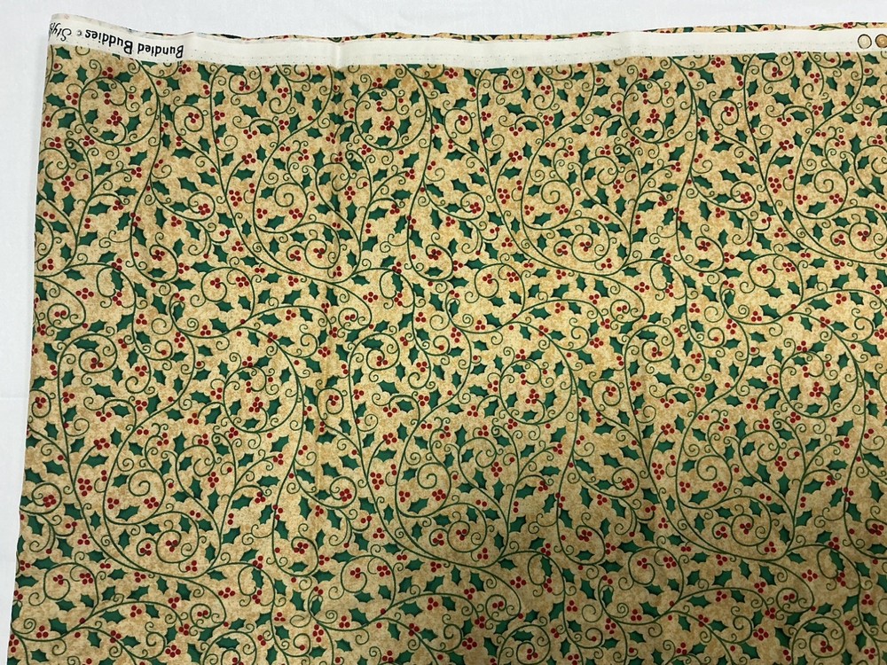 BUNDLED BUDDIES by SSI Green Holly Vines Red Berries on Gold Fabric 108in x 44in