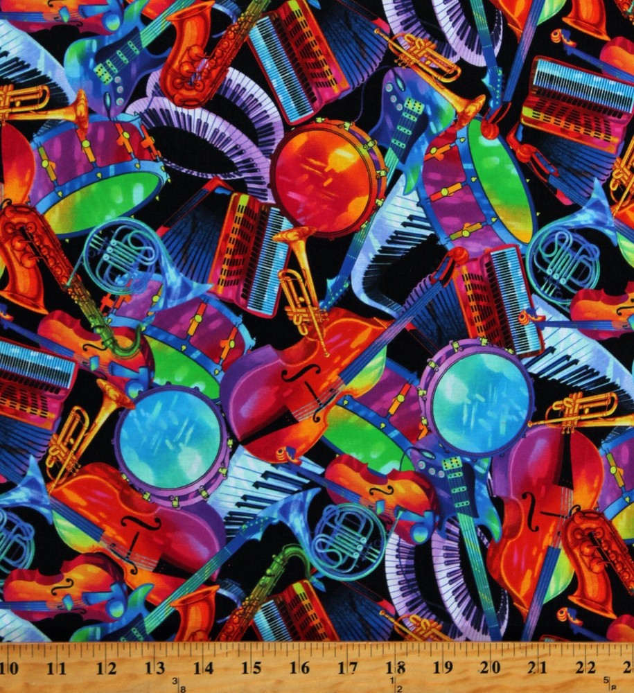 Cotton Musical Instruments Bright Multi Jazz Fusion Fabric Print BTY D580.66