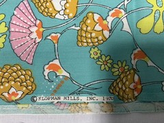 1970 Aqua Polyester Pinecone Fabric Orange Green Groovy Fan Shell 57” x 45”