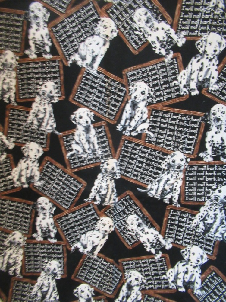 Dalmation Dog Chalkboard “I WILL NOT BARK IN SCHOOL” BLACK COTTON FABRIC SBTY
