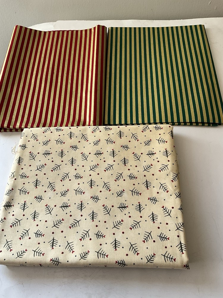 Christmas Theme Quilting Sewing Moda Fabri-Quilt Trees Stripes Gold Red Green