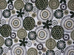 Green, Beige, black medallions on white; (#405) cotton quilt fabric 1 yard