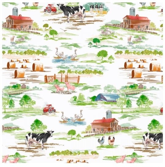 Farm Fabric – Silo Barn Cow Field Scene White – Windham YARD