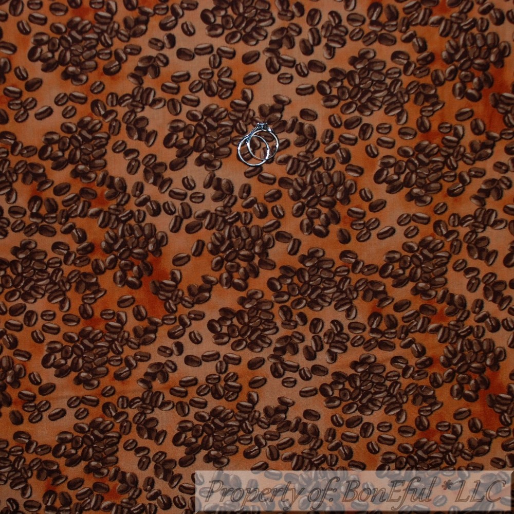 BonEful FABRIC FQ Cotton Quilt Orange Brown Coffee Bean Food Drink Snack Kitchen