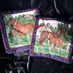 Vintage Cranston – Horse Mare Colt Foal – 2 Cotton Pillow Covers – 12″x12″