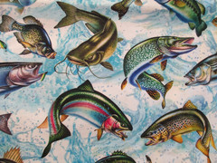 1 Fat Quarter New Cotton Fabric Large Colorful Fish Trout Bass Catfish