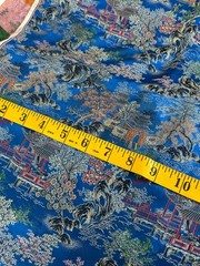 6yds Japanese Temple Courtyard Blue Silk Brocade Fabric Cherry Blossom Vtg READ!