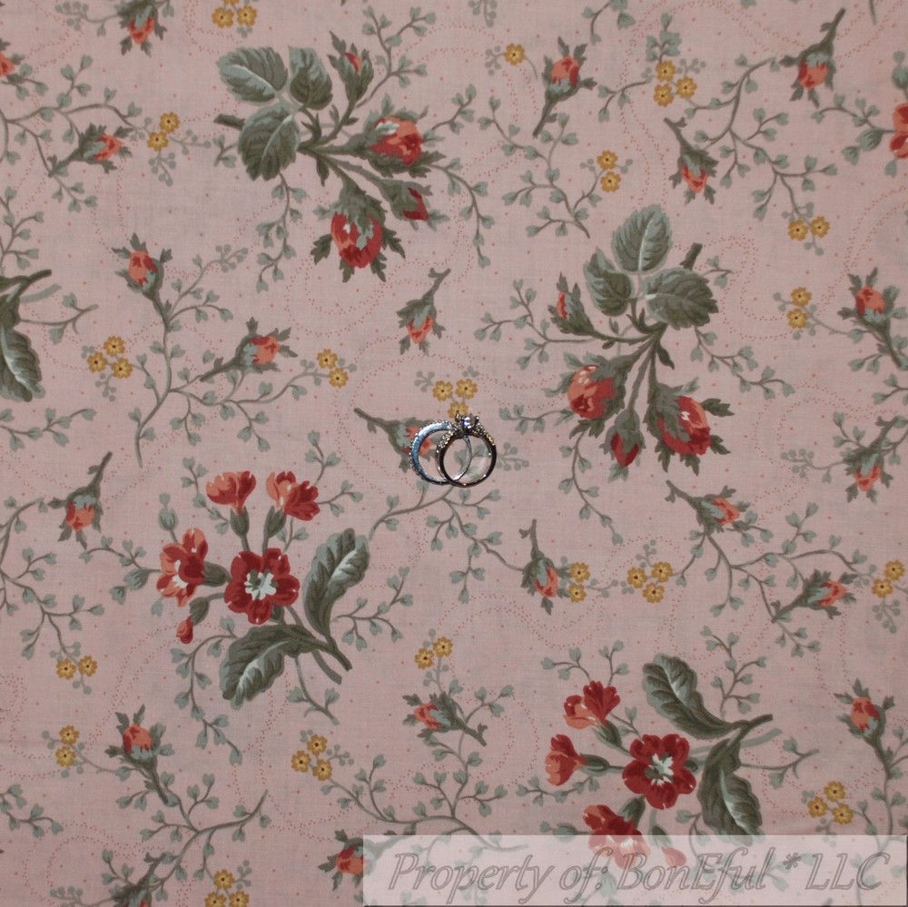 BonEful Fabric FQ Cotton Quilt VTG Antique Pink Rose Gold Flower Boho Farm House