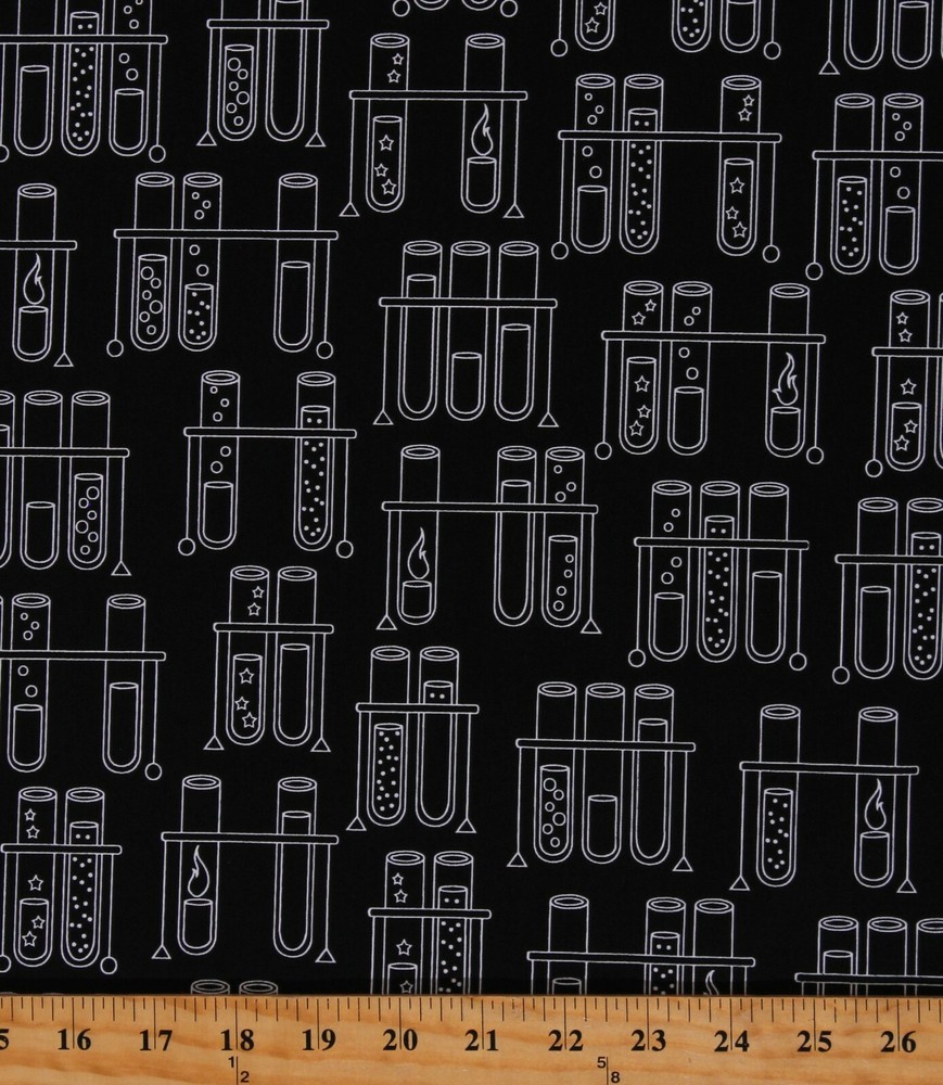 Cotton Test Tubes Chemistry Science Fair Black Fabric Print by the Yard D580.59