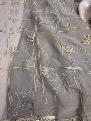 Embroidered Chiffon Fabric With Silver Mettalic Thread