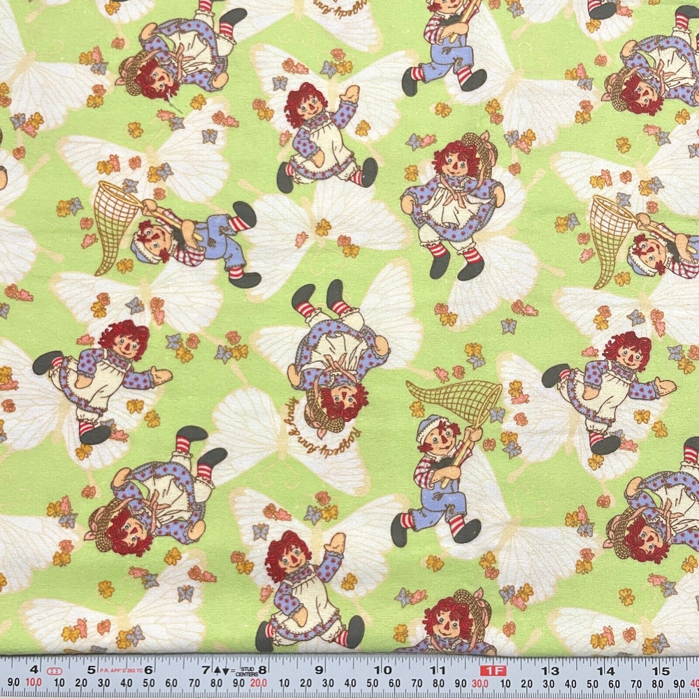 Raggedy Ann & Andy Butterflies Lime Green FLANNEL Fabric by the HALF YARD 18×44