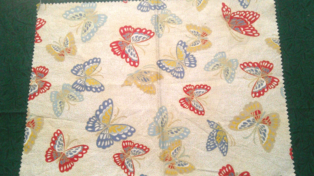Fabric Red Rooster “Butterflies” Steel Blue Burnt Orange on Spackled Tan $1.50