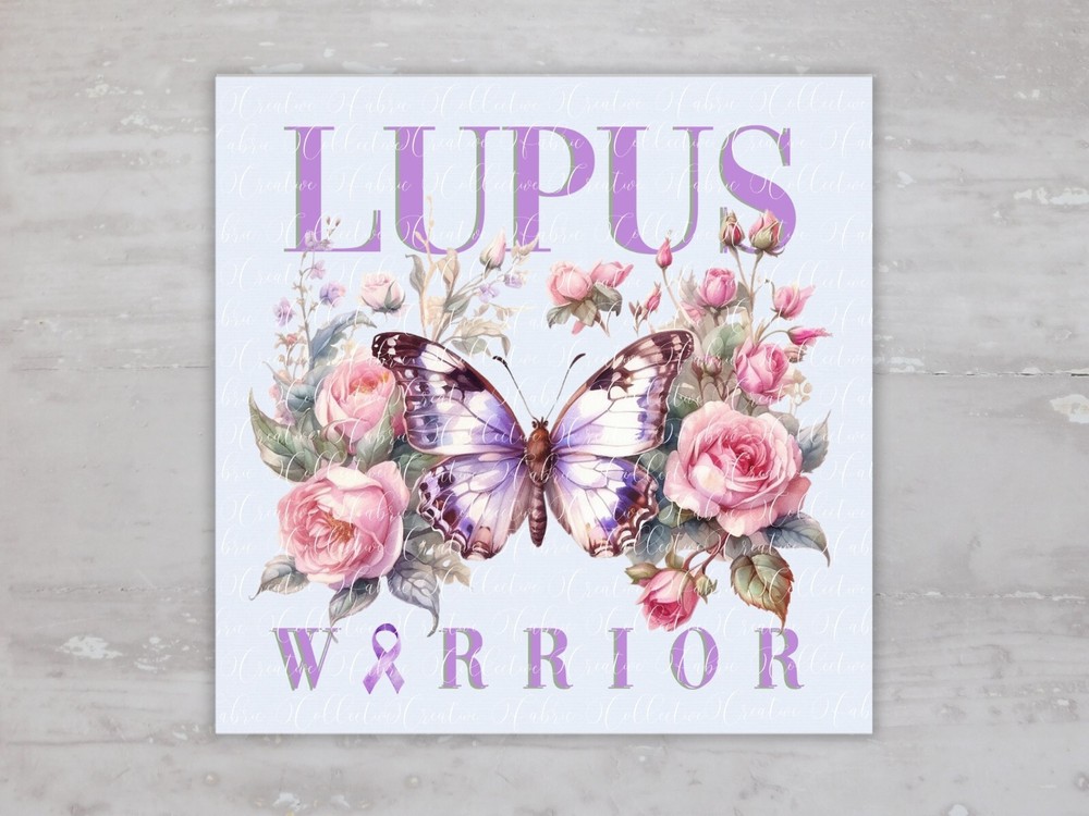 Lupus Warrior Purple Butterfly Roses Fabric Panel Sewing Quilting Block A162