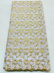 White Gold Voile Lace| Gold Floral Lace Embroidery| Sold by 5 Yards.