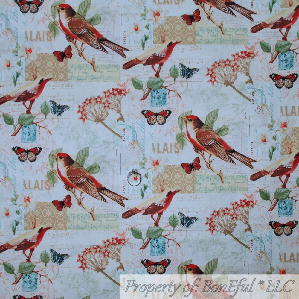 BonEful FABRIC FQ Cotton Quilt VTG Cream Brown Flower Bird Tree Branch Butterfly