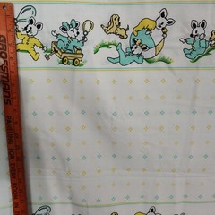 2 yd Vtg Playful Bunny Figures Yellow Turquoise Nursery Baby Cotton Fabric