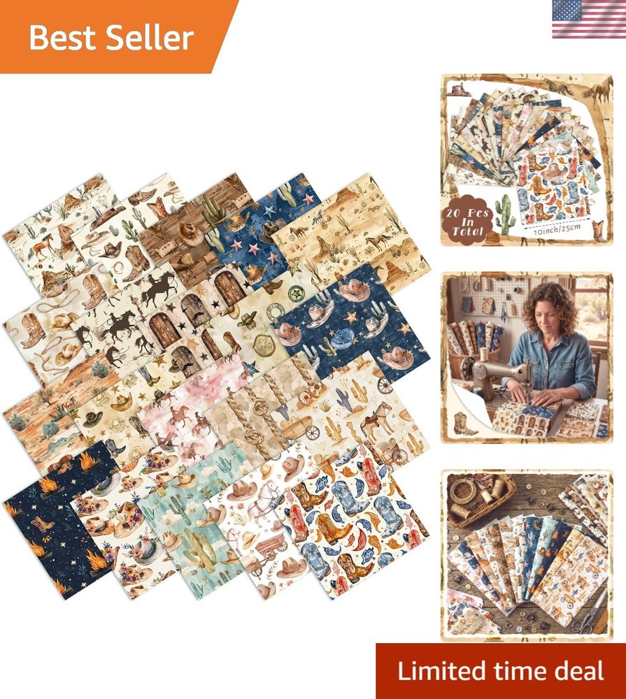 20 Precut 10”x10” Western Cowboy Fabric Squares – Ideal for Quilting Projects