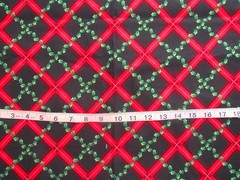 1 yd 100% Cotton Fabric Black with Red Diamond Stripes & Green Ivy