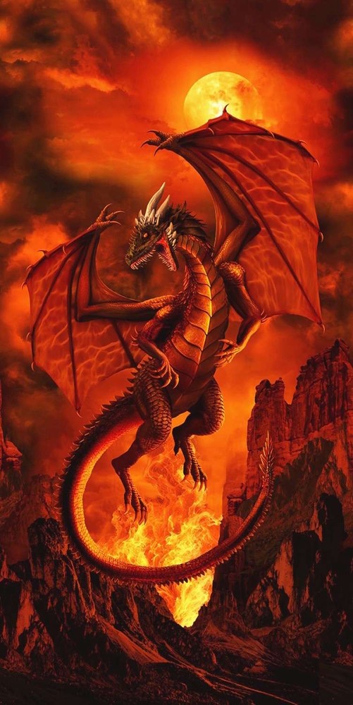 Timeless Treasures – Dragon Fire – 24.5″ Soaring Fire Dragon Panel – Red/Orange