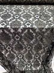 Embroidered Stretch Lace Apparel Fabric Sheer Black Floral Gold Accent – 52″ Wid
