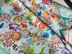 Aqua Sea World Coral Fabric Curtain Cotton Material Marine Seahorse Shell -140cm