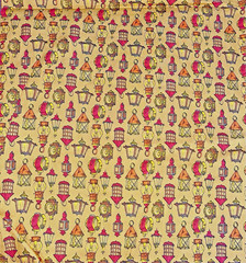 VTG Wamsutta Colonial Lanterns on Gold 38″x11″ +2 Squares 11″x10″