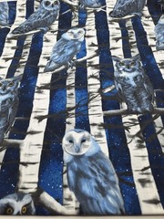 1 7/8 yds Blue and White Owl in birch trees design light Upholstery fabric