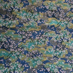 Japanese Floral in Teal & Navy Blue on Cotton Shirting w/ Metallic Gold