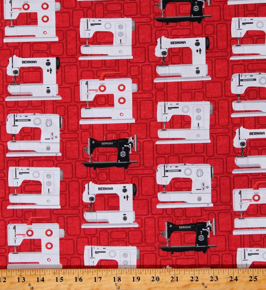 Cotton Sewing Machines Vintage Sewing Bernina Red Fabric Print BTY D386.04