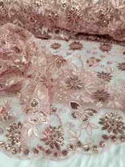 “Blush Pink Lace with Butterfly Embroidery and Sparkle – Quinceañera Fabric