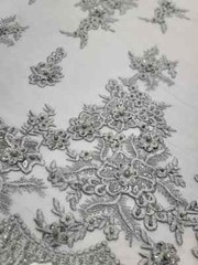 Silver Beaded Lace Fabric By The Yard 3d Floral Flowers Embroidery Sequins Prom