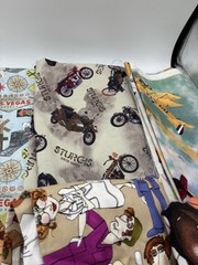 Novelty Print Fabric Lot Superhero Sturgis Route 66 Sports Vintage Pinup