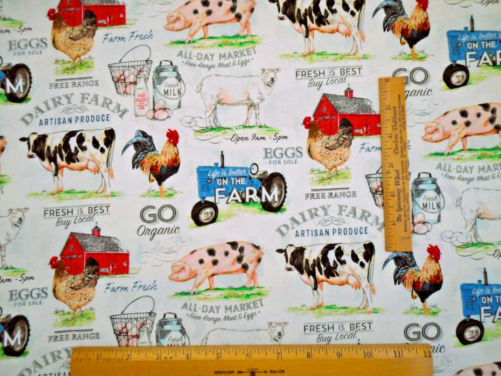 Quilt Fabric By Yard Dairy Farm Cows Animal Tractor Barn Ivory Premium Cotton #N