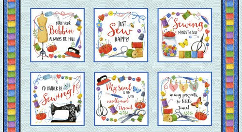 Sewing Themed Fabric Words Just Sew Happy Cotton by Henry Glass 24″X44″ Panel