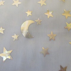 Silver stars and moon on Light Blue stretch Silky Spandex 1yd 12″ x 48