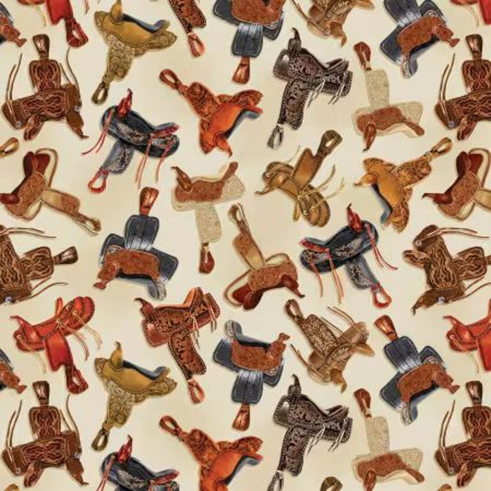 In The Saddle- Rare Western Fabric by Benartex- 4474B-07- Saddles Tossed on Ecru